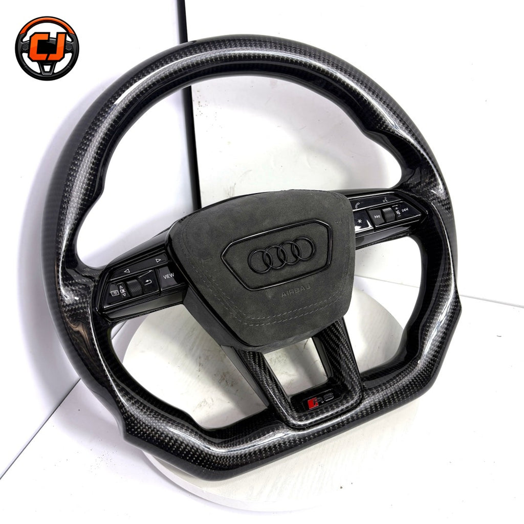 Audi full carbon fiber flat bottom custom steering wheel with Alcantara airbag cover for A3 A4 A4L A6 A6L A7 S5 Q3 Q5 Q5L Q7 and Q8