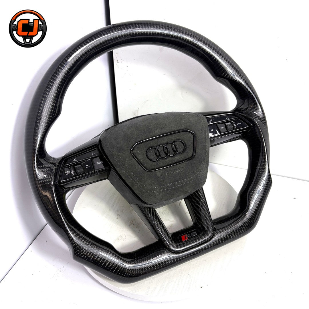 Audi full carbon fiber flat bottom custom steering wheel with Alcantara airbag cover for A3 A4 A4L A6 A6L A7 S5 Q3 Q5 Q5L Q7 and Q8