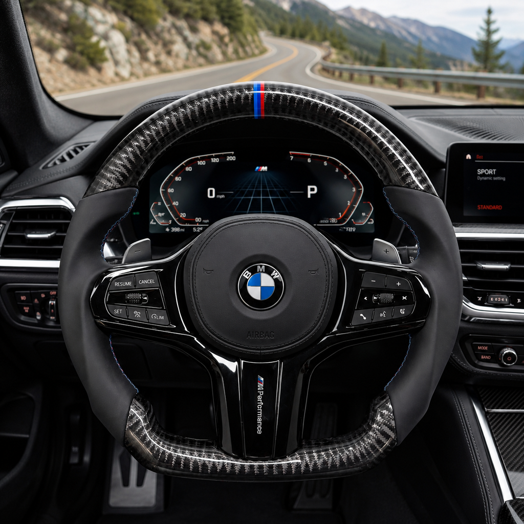 CJ Mod Garage BMW custom carbon fiber steering wheel installed in BMW interior featuring gloss forged carbon fiber top and bottom, black leather sport grips, gloss black center trim, flat-bottom M Performance design, and BMW M tricolor center stripe compatible with BMW G02 G05 G06 G09 G11 G12 G15 G20 G22 G28 G29 G30 G38 G80 G82 F40 F90