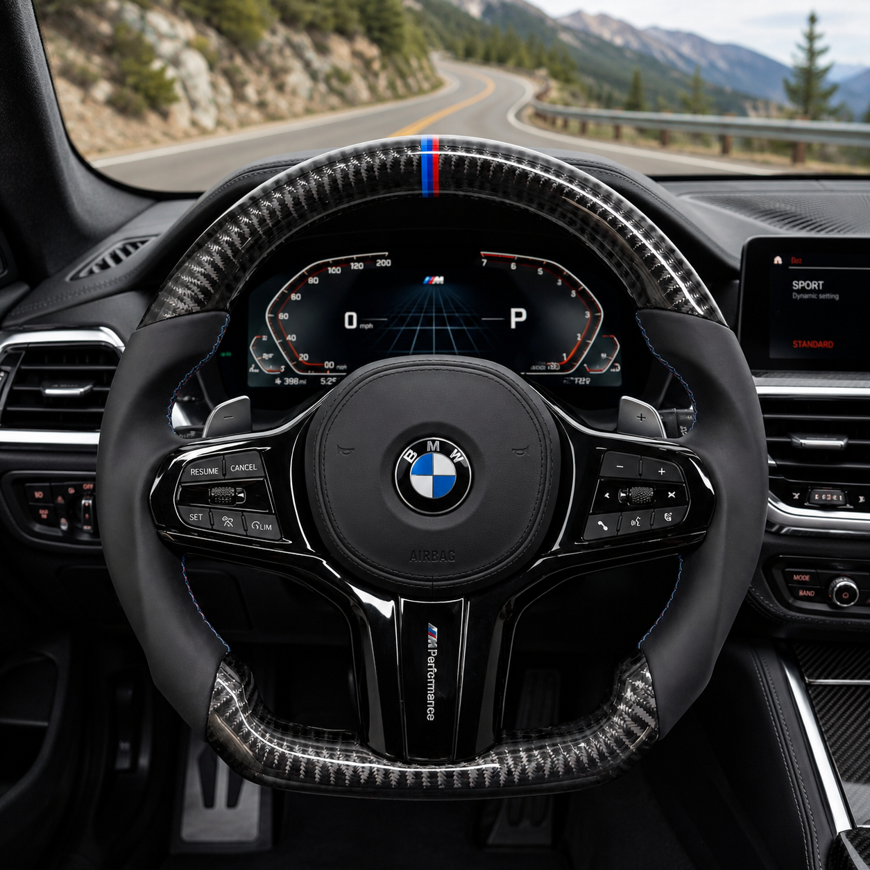 CJ Mod Garage BMW custom carbon fiber steering wheel installed in BMW interior featuring gloss forged carbon fiber top and bottom, black leather sport grips, gloss black center trim, flat-bottom M Performance design, and BMW M tricolor center stripe compatible with BMW G02 G05 G06 G09 G11 G12 G15 G20 G22 G28 G29 G30 G38 G80 G82 F40 F90