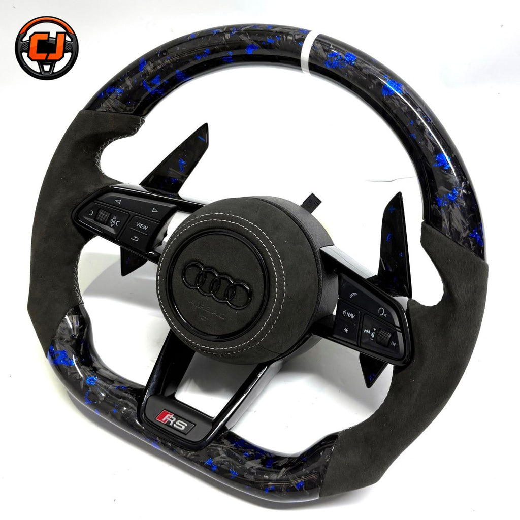 Audi R8 style custom steering wheel with blue forged carbon black Alcantara white center marker RS badge multifunction buttons and paddle shifters for Audi A1 A3 A4 A5 A6 A7 C6 C7 S3 S4 S5 S7 Q3 Q5 Q7 SQ5 RS RS3 RS5 RS6 B8 B9 8P 8V R8 TT