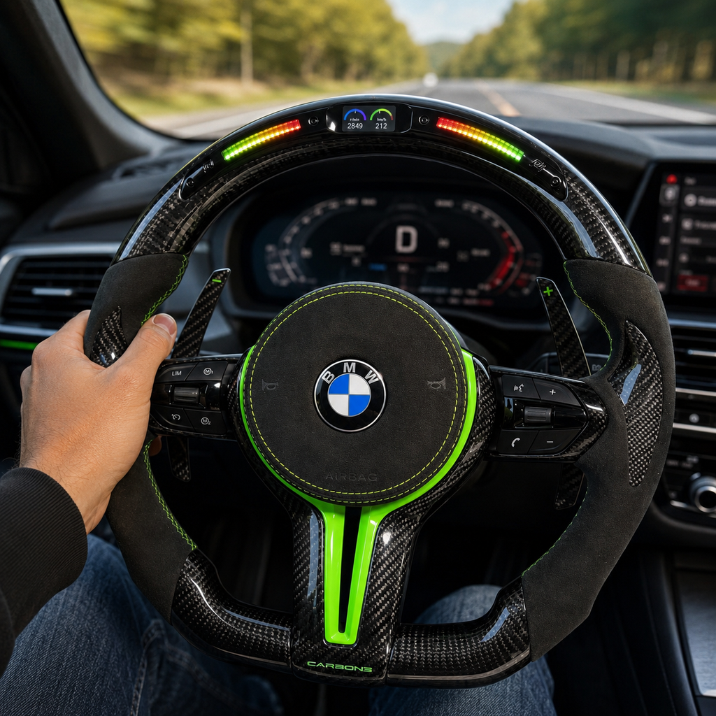 BMW F Series E90 E92 E93 LED carbon fiber steering wheel installed in vehicle interior with Alcantara grips and green sport accents