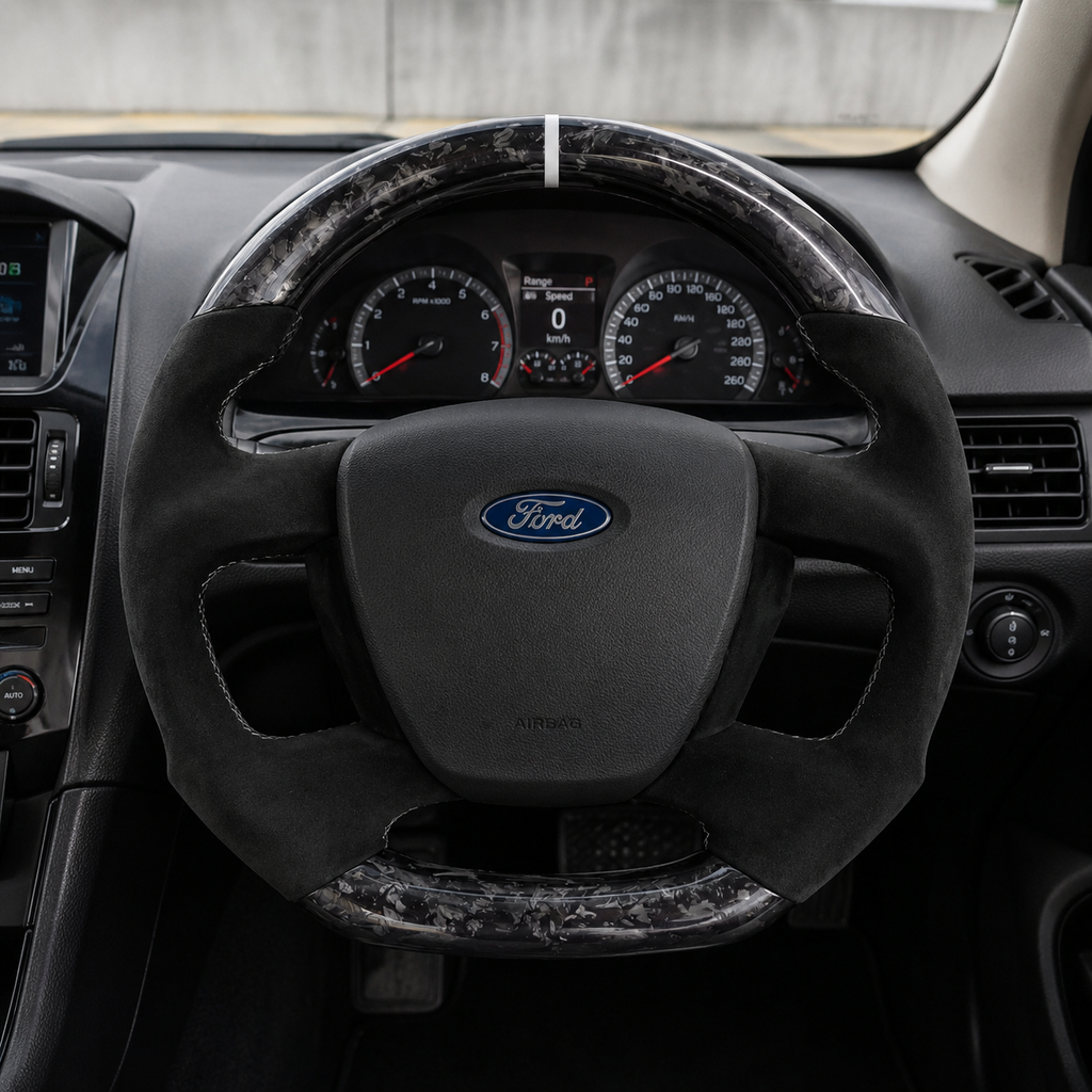 2008-2016 Ford Falcon FG XR XR6 XR8 custom steering wheel with forged carbon and black Alcantara interior view by CJ Mod Garage