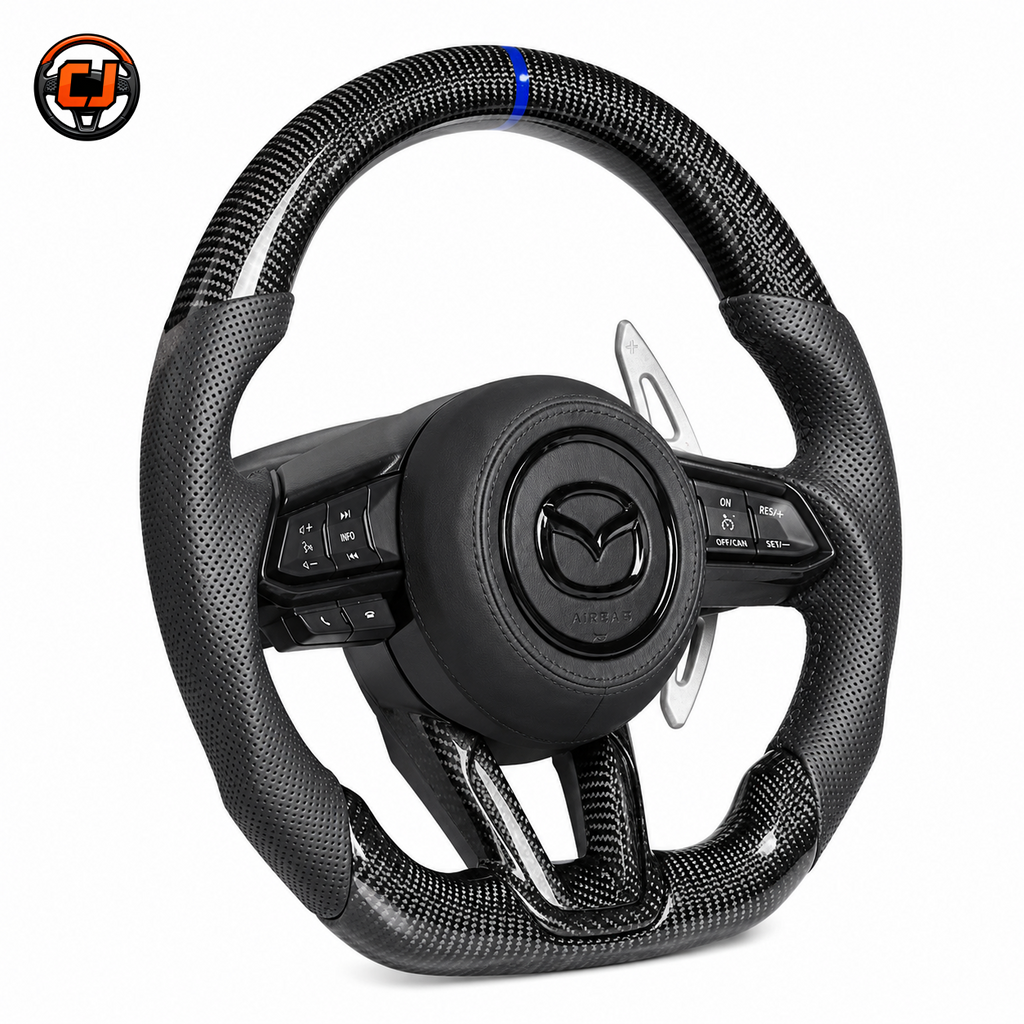 Custom Mazda carbon fiber steering wheel with black perforated leather grips blue center stripe paddle shifters and flat bottom design