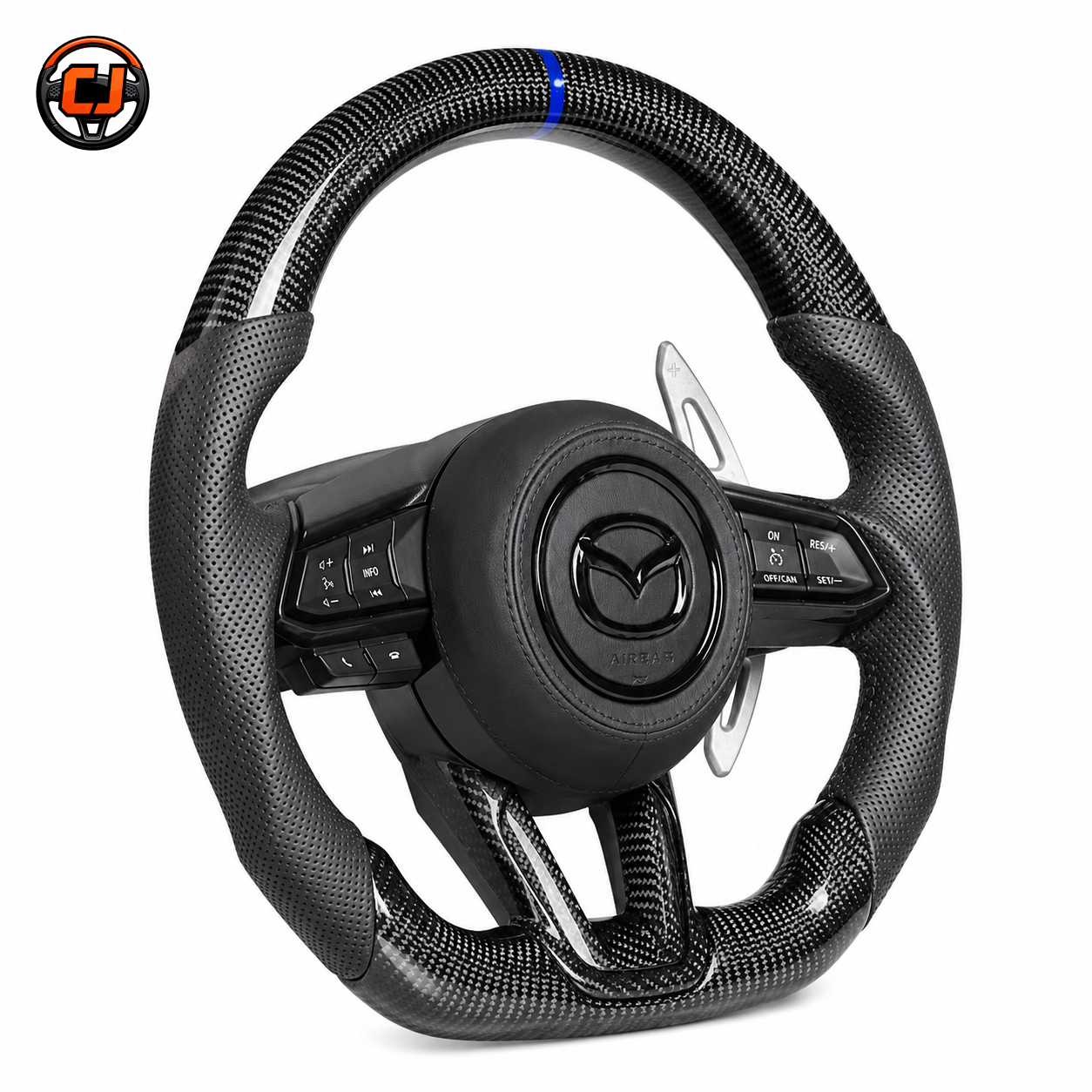 Custom Mazda carbon fiber steering wheel with black perforated leather grips blue center stripe paddle shifters and flat bottom design