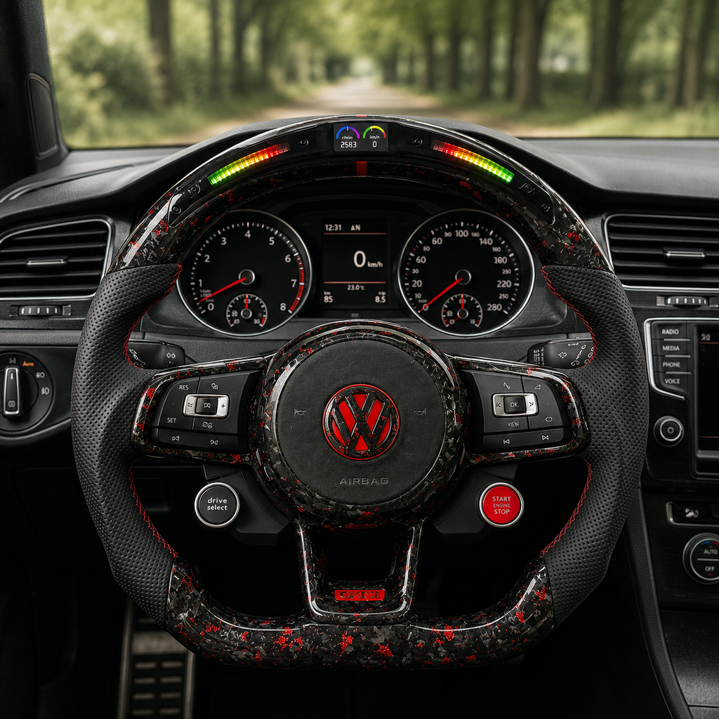 Volkswagen Golf GTI Mk7 2013 to 2020 red forged carbon LED steering wheel inside GTI cockpit CJ Mod Garage