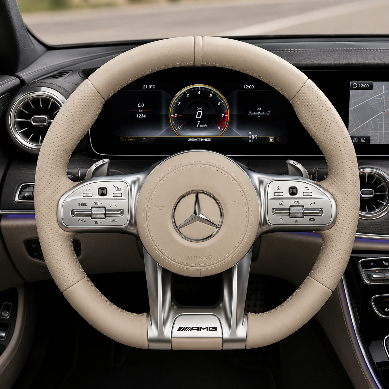 Mercedes AMG beige leather steering wheel with luxury OEM style finish for W117 W176 W177 W205 W213 C200 C300 by CJ Mod Garage