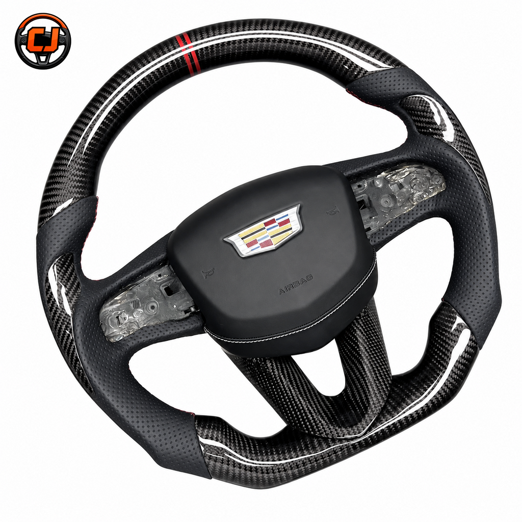 Cadillac CT4 CT5 gloss carbon fiber steering wheel with perforated leather grips and airbag cover by CJ Mod Garage