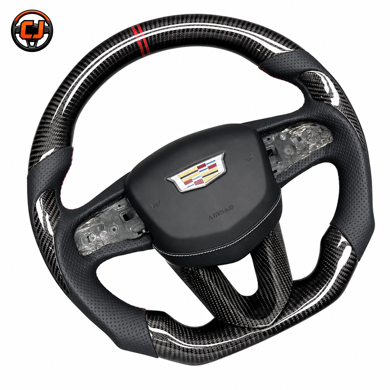 Cadillac CT4 CT5 gloss carbon fiber steering wheel with perforated leather grips and airbag cover by CJ Mod Garage