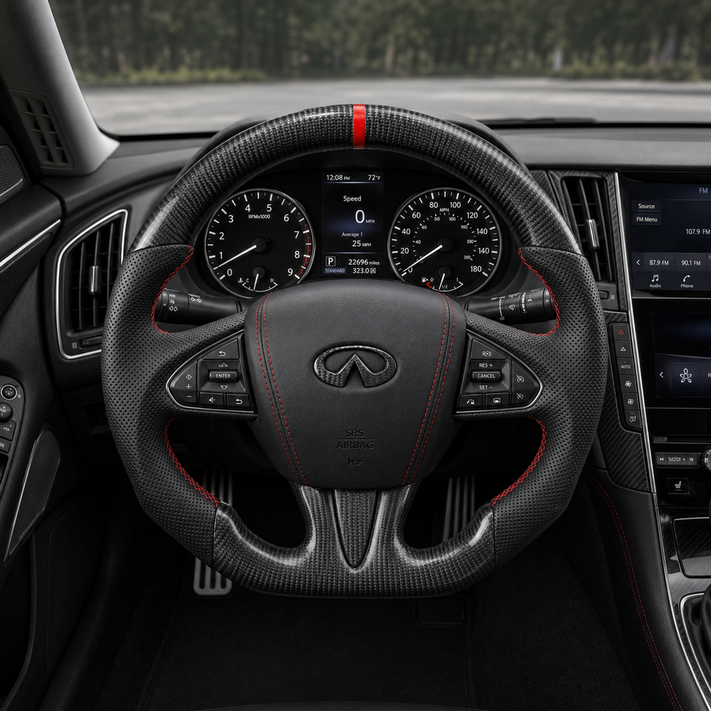 Infiniti Q50 custom carbon fiber steering wheel installed in vehicle interior featuring red center stripe perforated leather grips and red stitching by CJ Mod Garage