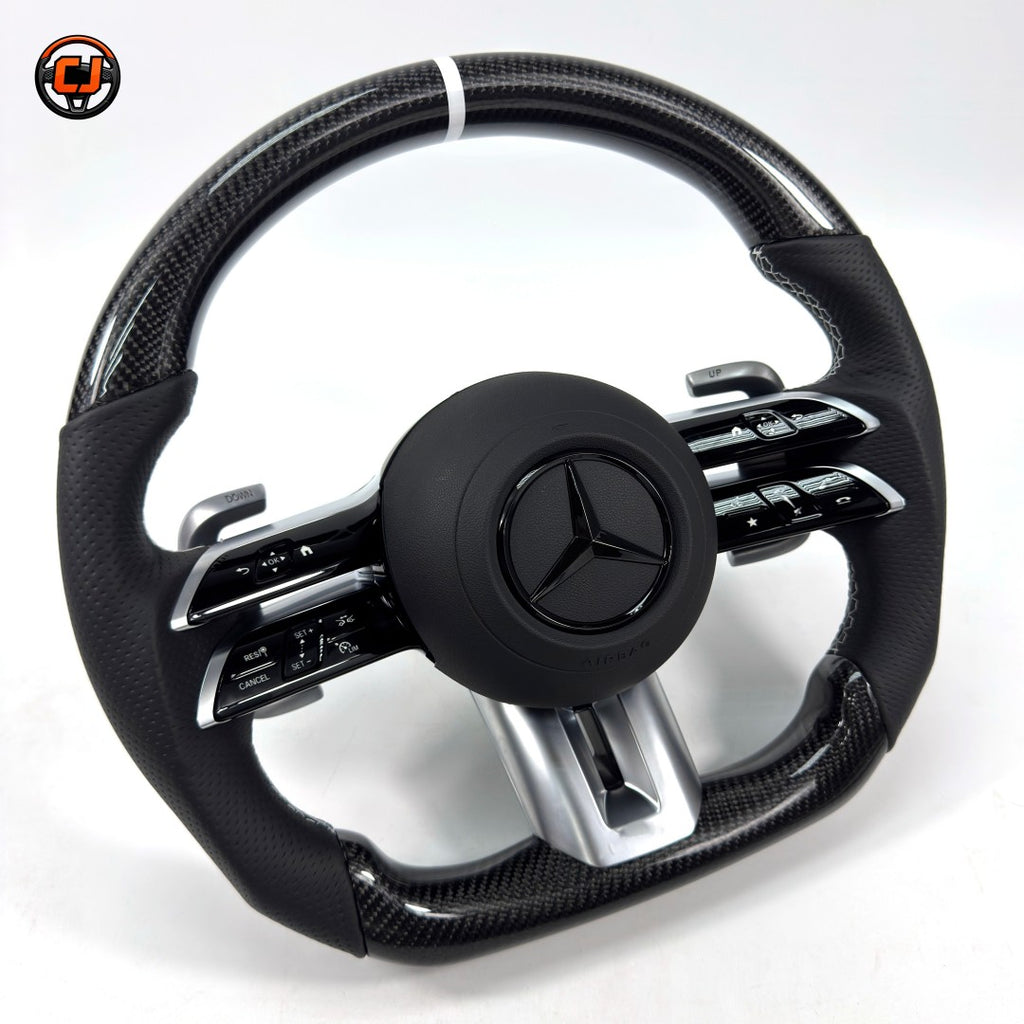 Mercedes W204 W205 C-Class 2007-2021 carbon fiber AMG steering wheel with white stripe by CJ Mod Garage