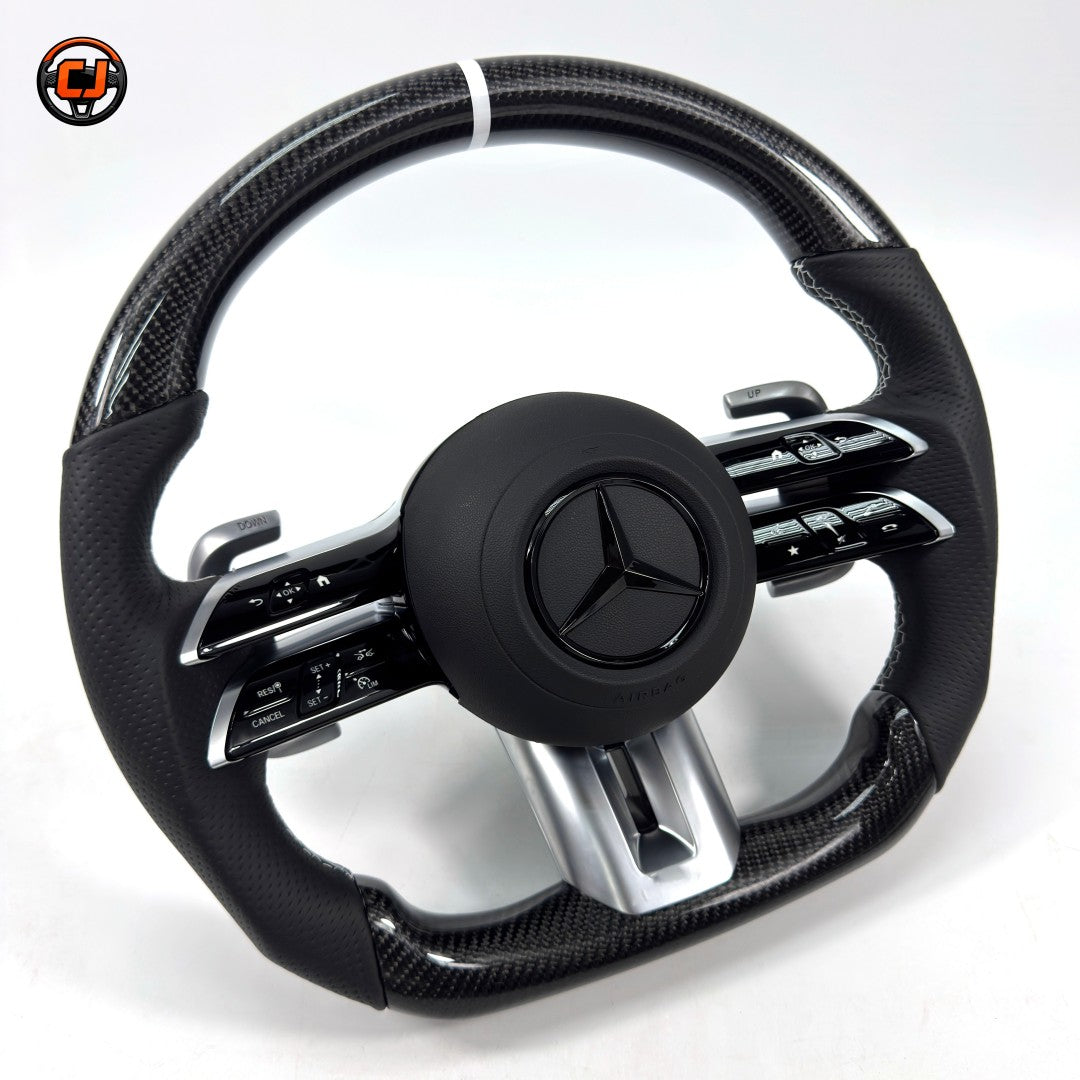 Mercedes W204 W205 C-Class 2007-2021 carbon fiber AMG steering wheel with white stripe by CJ Mod Garage