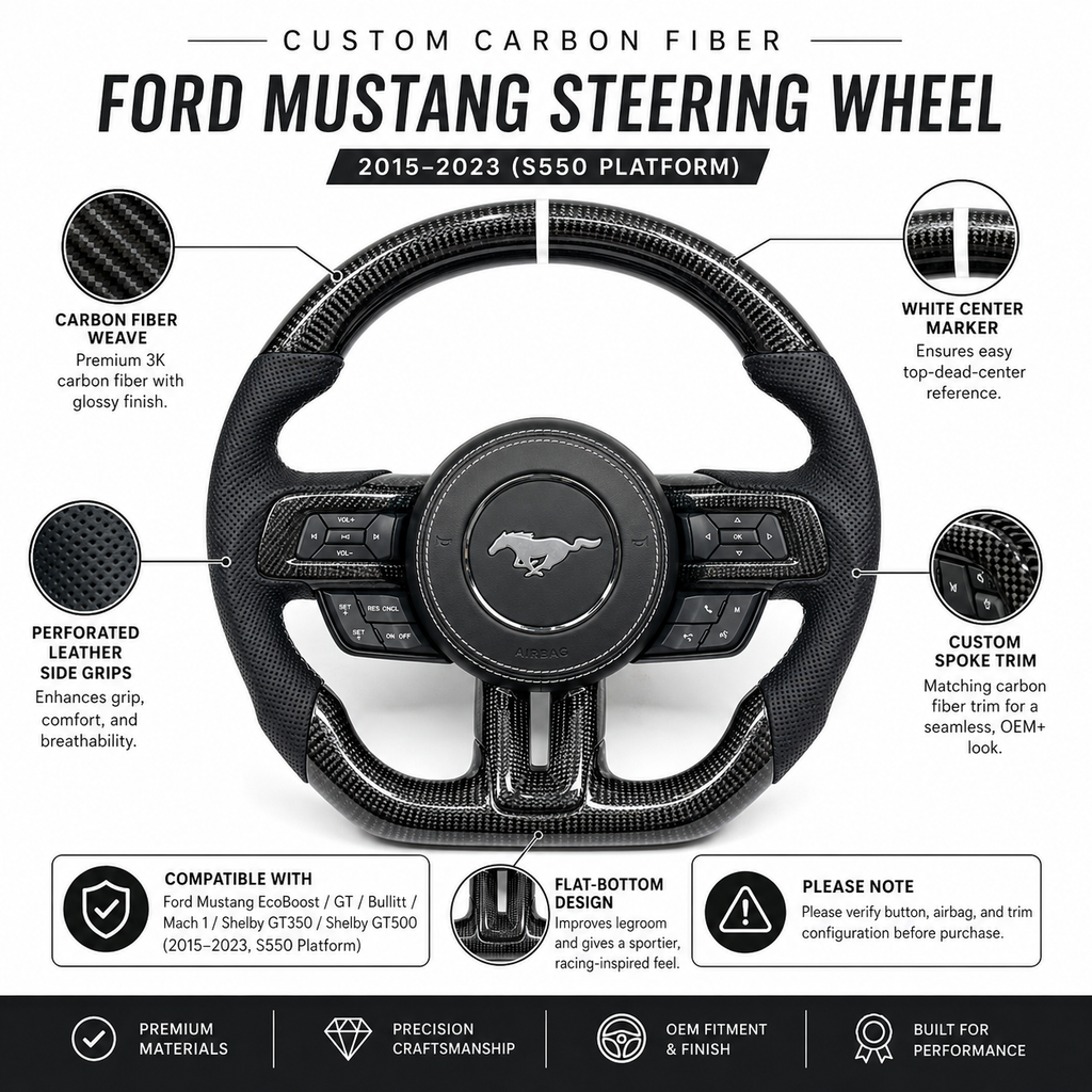 FOR Ford Mustang S550/GT 2015-2023 Carbon Fiber Steering Wheel - Black Carbon Fiber & Black Perforated Leather & White Stripes - CJ Mod Garage & Product Details Image