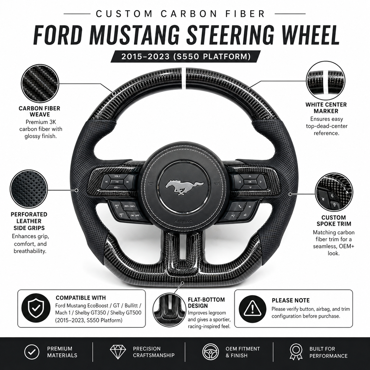 FOR Ford Mustang S550/GT 2015-2023 Carbon Fiber Steering Wheel - Black Carbon Fiber & Black Perforated Leather & White Stripes - CJ Mod Garage & Product Details Image