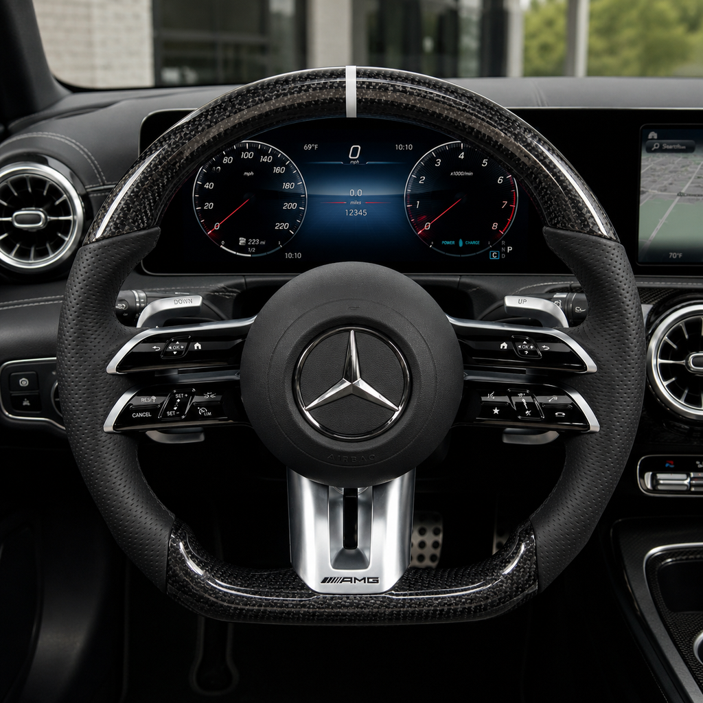 Mercedes W213 E-Class 2016-2023 carbon fiber Dragonfly steering wheel installed with white center mark by CJ Mod Garage