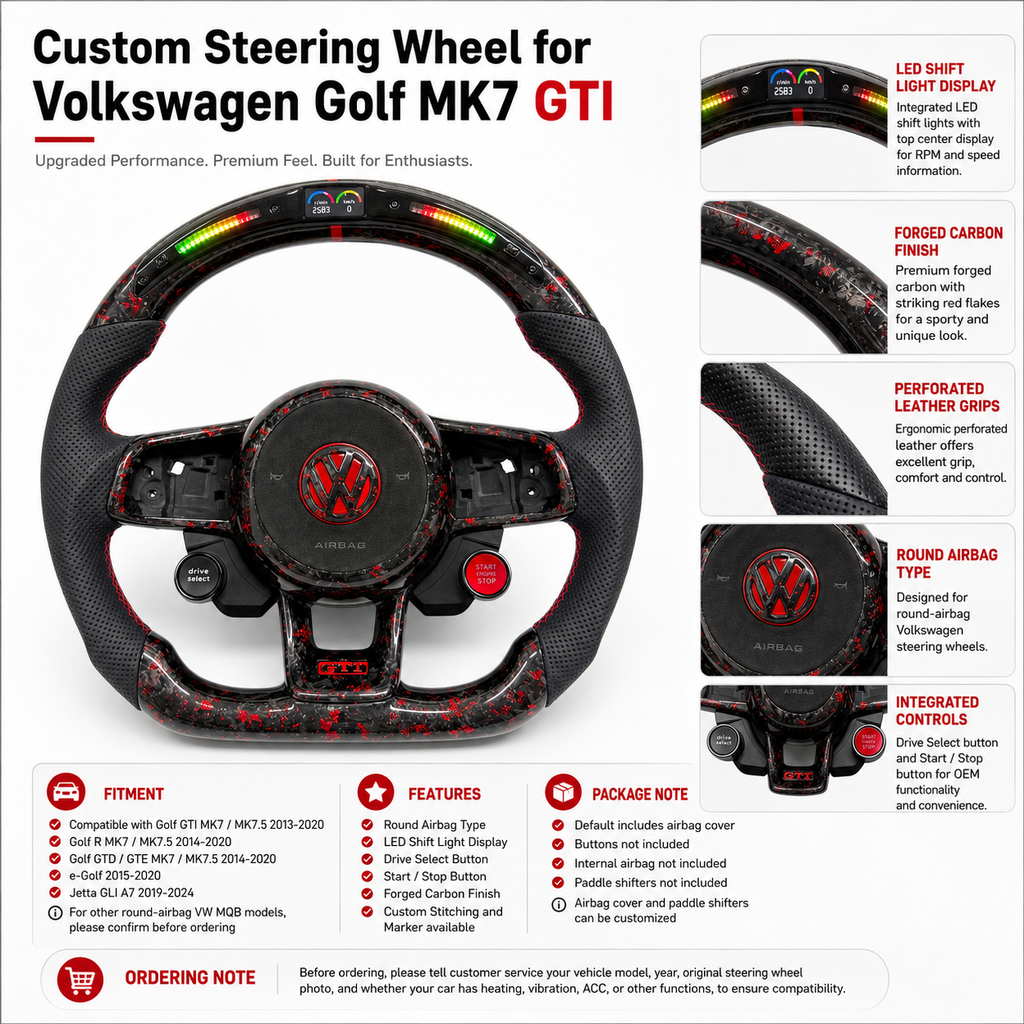 Volkswagen Golf GTI Mk7 2013 to 2020 red forged carbon LED steering wheel feature layout CJ Mod Garage