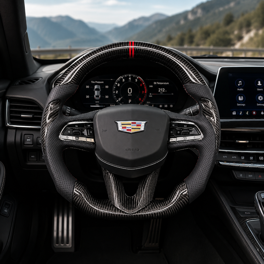 Cadillac CT4 CT5 carbon fiber steering wheel installed in luxury cockpit with red center stripe by CJ Mod Garage