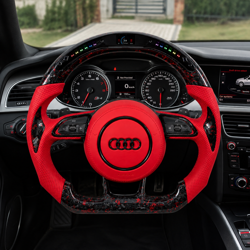 Audi B8 forged carbon red flake LED steering wheel product spec infographic - features forged carbon with red flakes, red perforated leather, LED shift light, digital display, round airbag cover included
