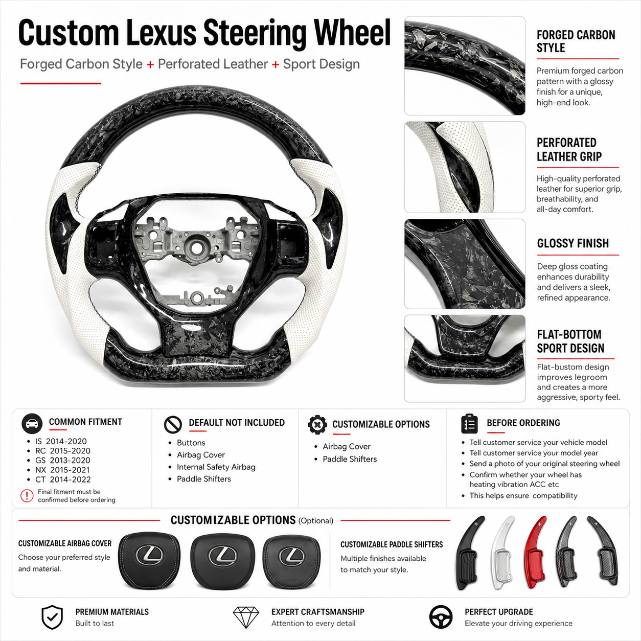 Custom Lexus Forged Carbon Steering Wheel Featuring White Leather Grips Flat Bottom Design Optional Airbag Cover And Paddle Shifters For Lexus IS 2014 2020 RC 2015 2020 GS 2013 2020 NX 2015 2021 CT 2014 2022 CJ Mod Garage