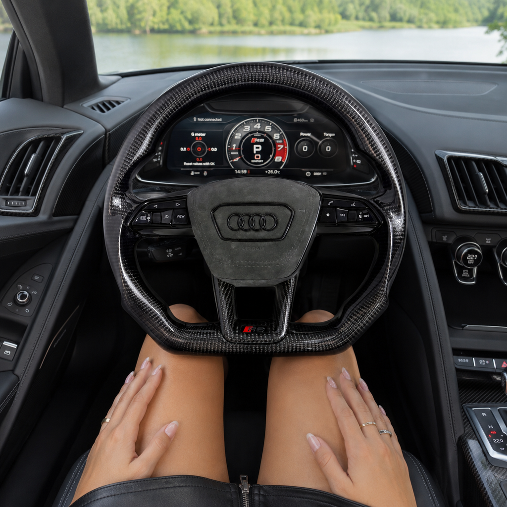 Installed Audi matte carbon fiber performance steering wheel with multifunction buttons for A3 2021 to 2025 A4 A4L 2017 to 2025 and A6 A6L C8 2019 to 2025