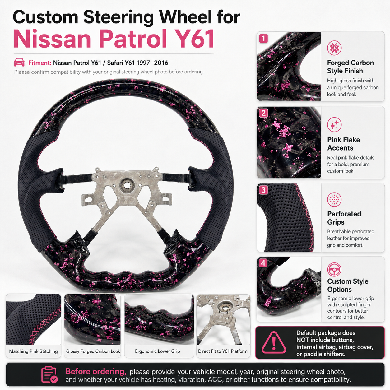 Nissan Patrol Y61 custom steering wheel featuring forged carbon finish pink flake accents perforated leather grip sections and handcrafted styling by CJ Mod Garage