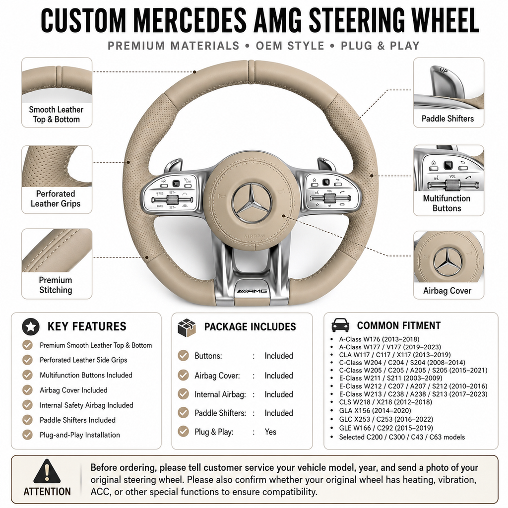 Custom Mercedes AMG steering wheel with smooth beige leather perforated grips and silver trim for W204 W205 W211 W212 W218 C43 C63 by CJ Mod Garage