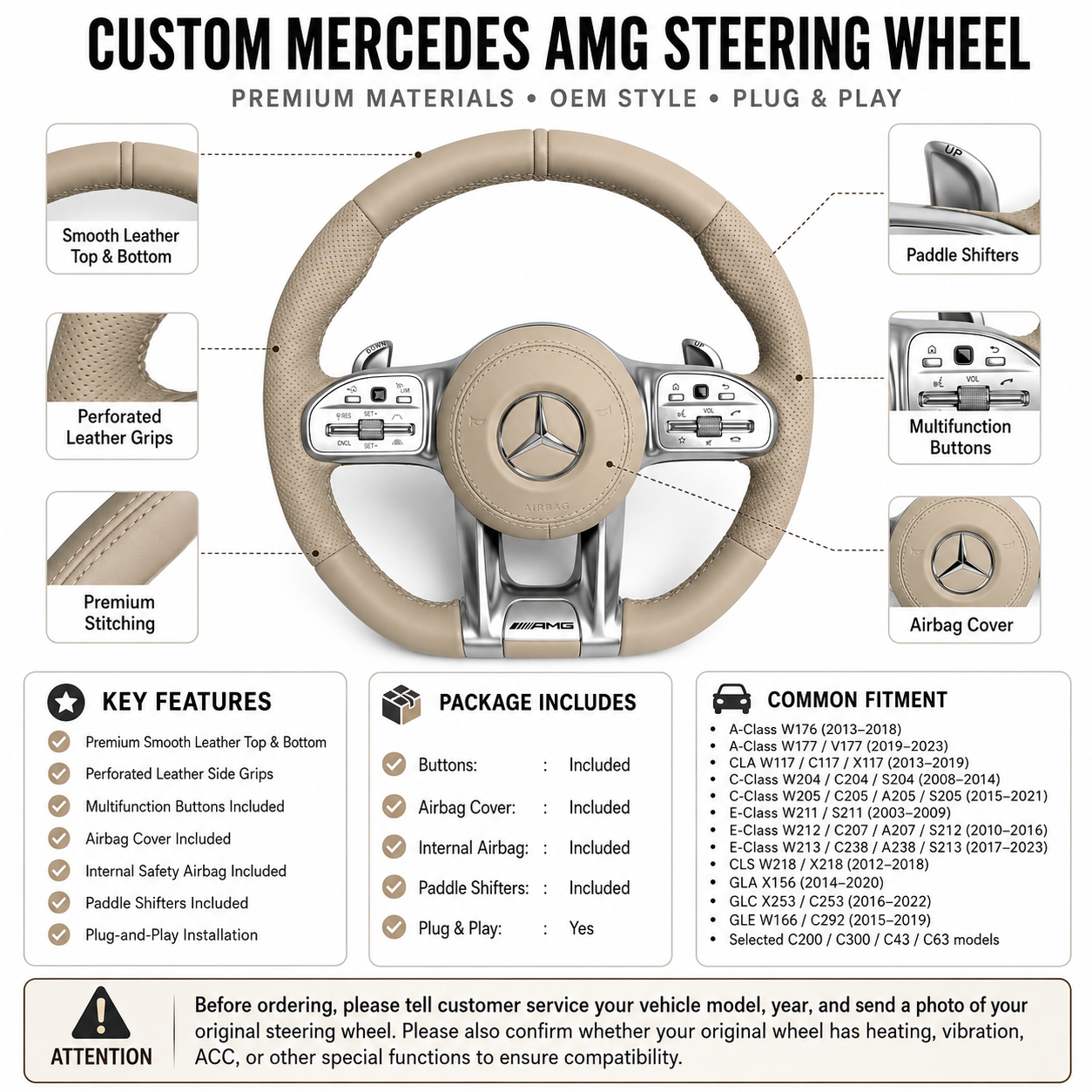 Custom Mercedes AMG steering wheel with smooth beige leather perforated grips and silver trim for W204 W205 W211 W212 W218 C43 C63 by CJ Mod Garage