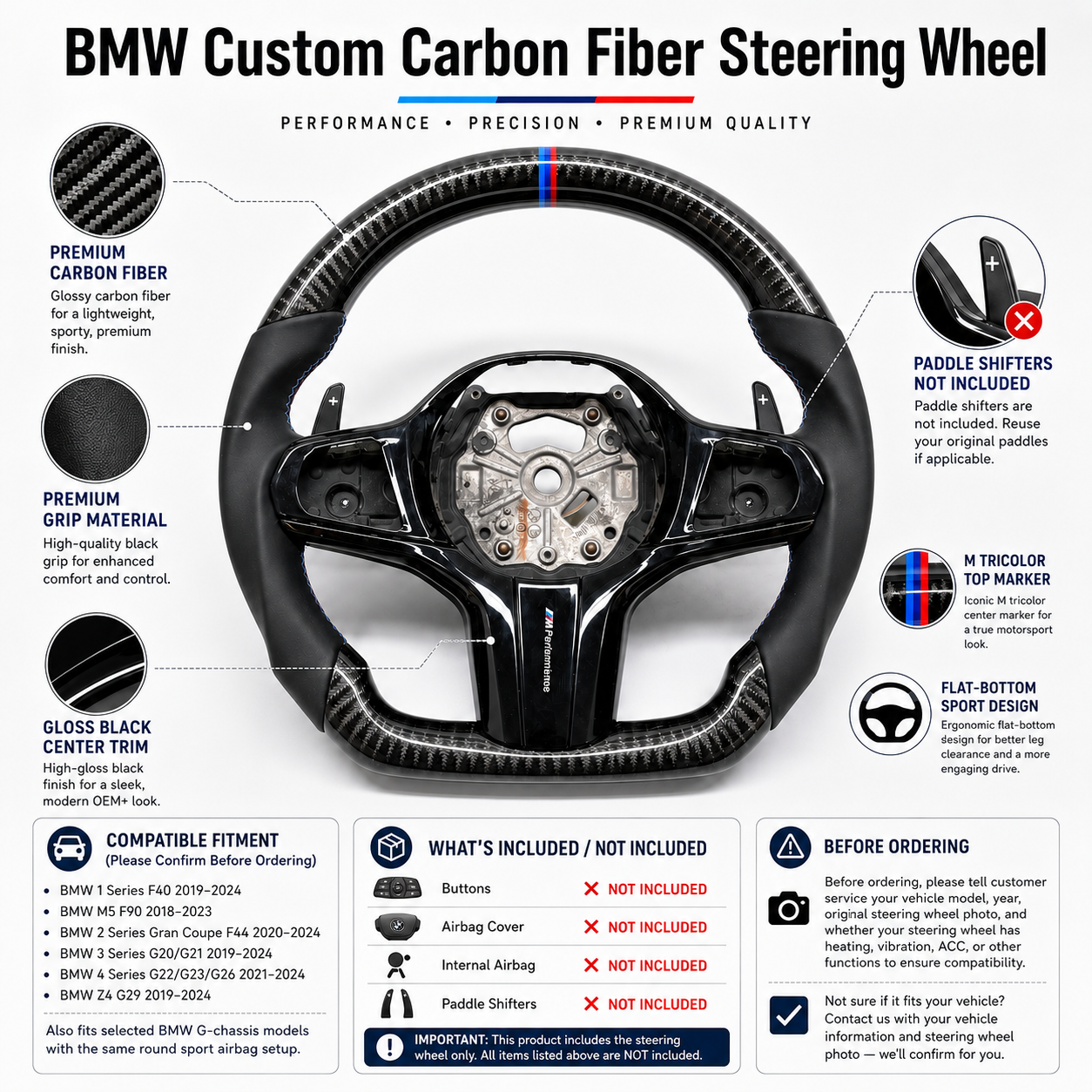 CJ Mod Garage BMW custom carbon fiber steering wheel product infographic featuring premium carbon fiber construction, black grip material, gloss black center trim, M tricolor top marker, flat-bottom sport design, and compatibility with BMW G02 G05 G06 G09 G11 G12 G15 G20 G22 G28 G29 G30 G38 G80 G82 F40 F90