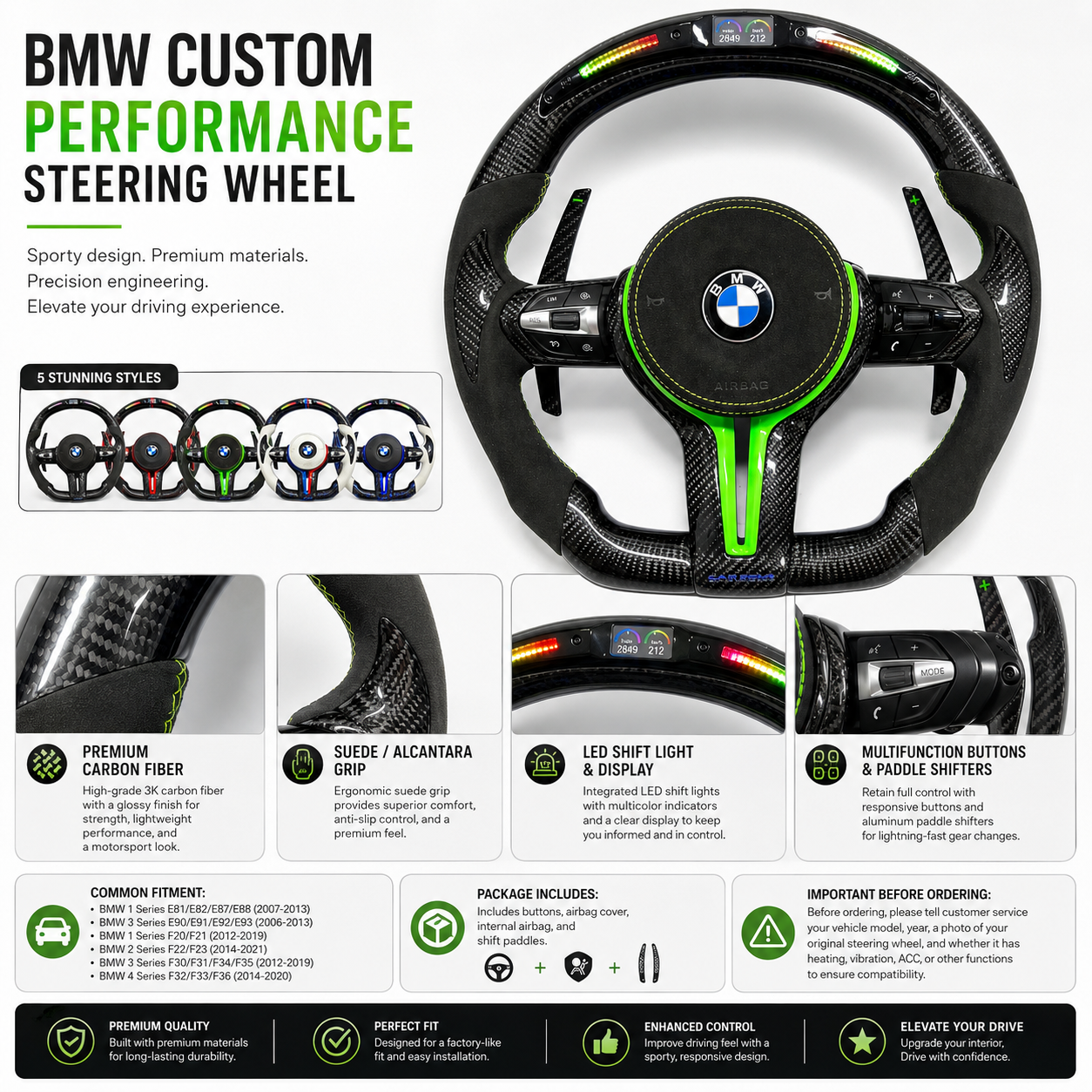 Custom BMW F Series E90 E92 E93 carbon fiber performance steering wheel with LED shift lights and Alcantara grip