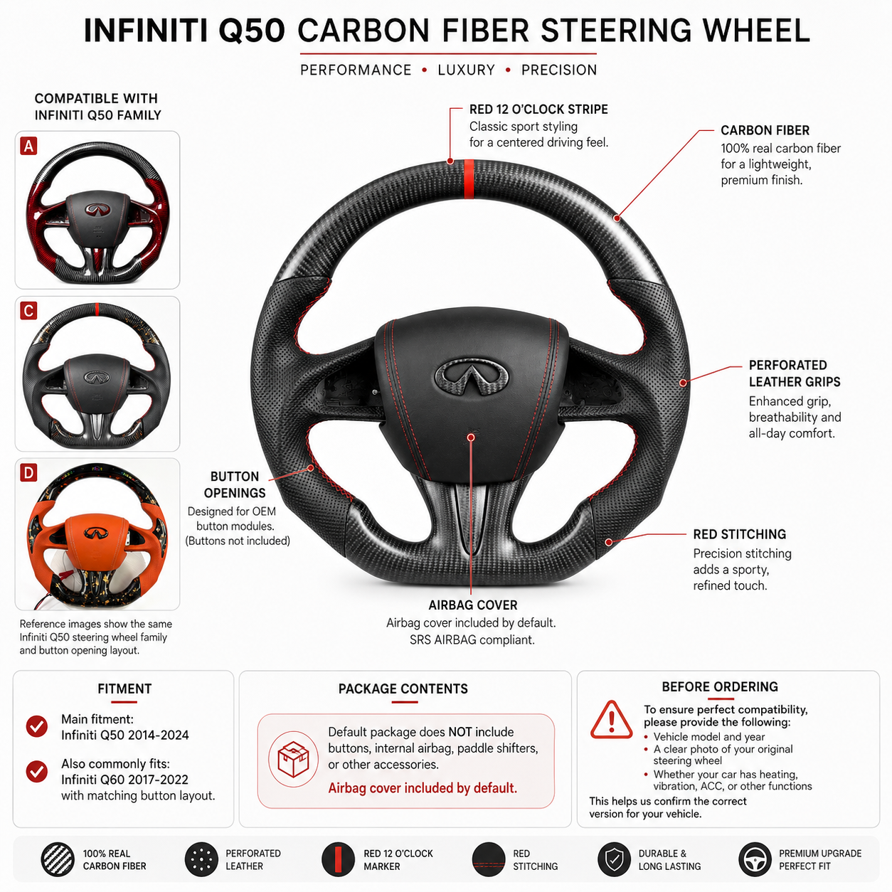Infiniti Q50 Q60 carbon fiber steering wheel with red 12 oclock marker perforated leather grips airbag cover included and OEM button layout by CJ Mod Garage