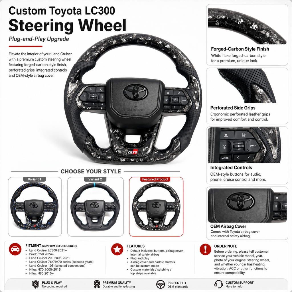 Toyota LC300, Prado 250 and Hilux premium steering wheel featuring white forged carbon flakes, perforated leather side grips and factory-style integration by CJ Mod Garage
