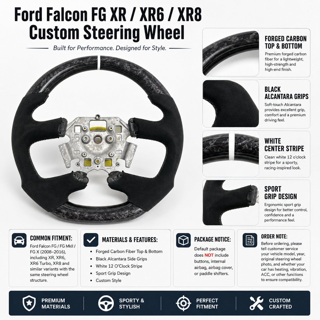 Ford Falcon FG XR XR6 XR8 steering wheel fitment infographic with forged carbon, black Alcantara and white stripe by CJ Mod Garage