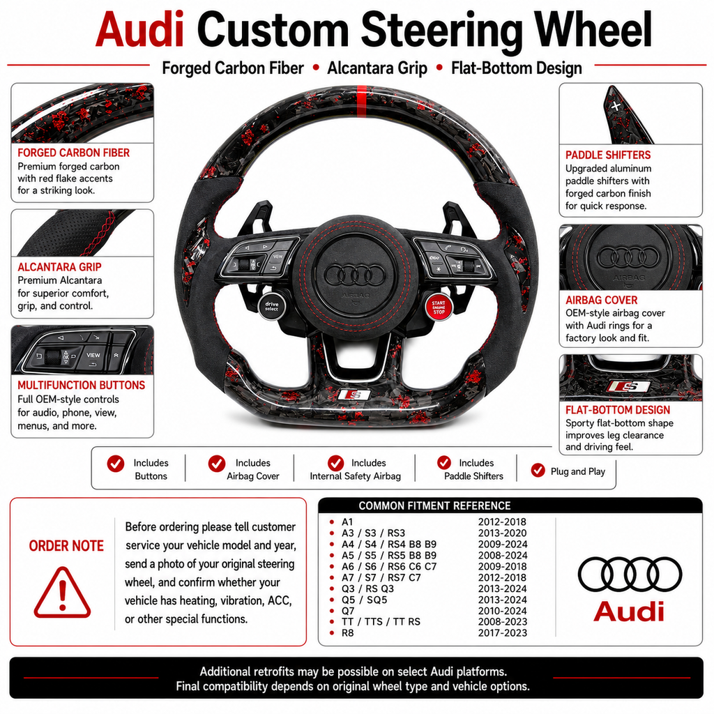 Carbon Fiber Audi Steering Wheel for A1 A3 A4 A5 A6 A7 C6 C7 S3 S4 S5 S7 Q3 Q5 Q7 SQ5 RS RS3 RS5 RS6 B8 B9 8P 8V R8 TT -CJ Mod Garage 24