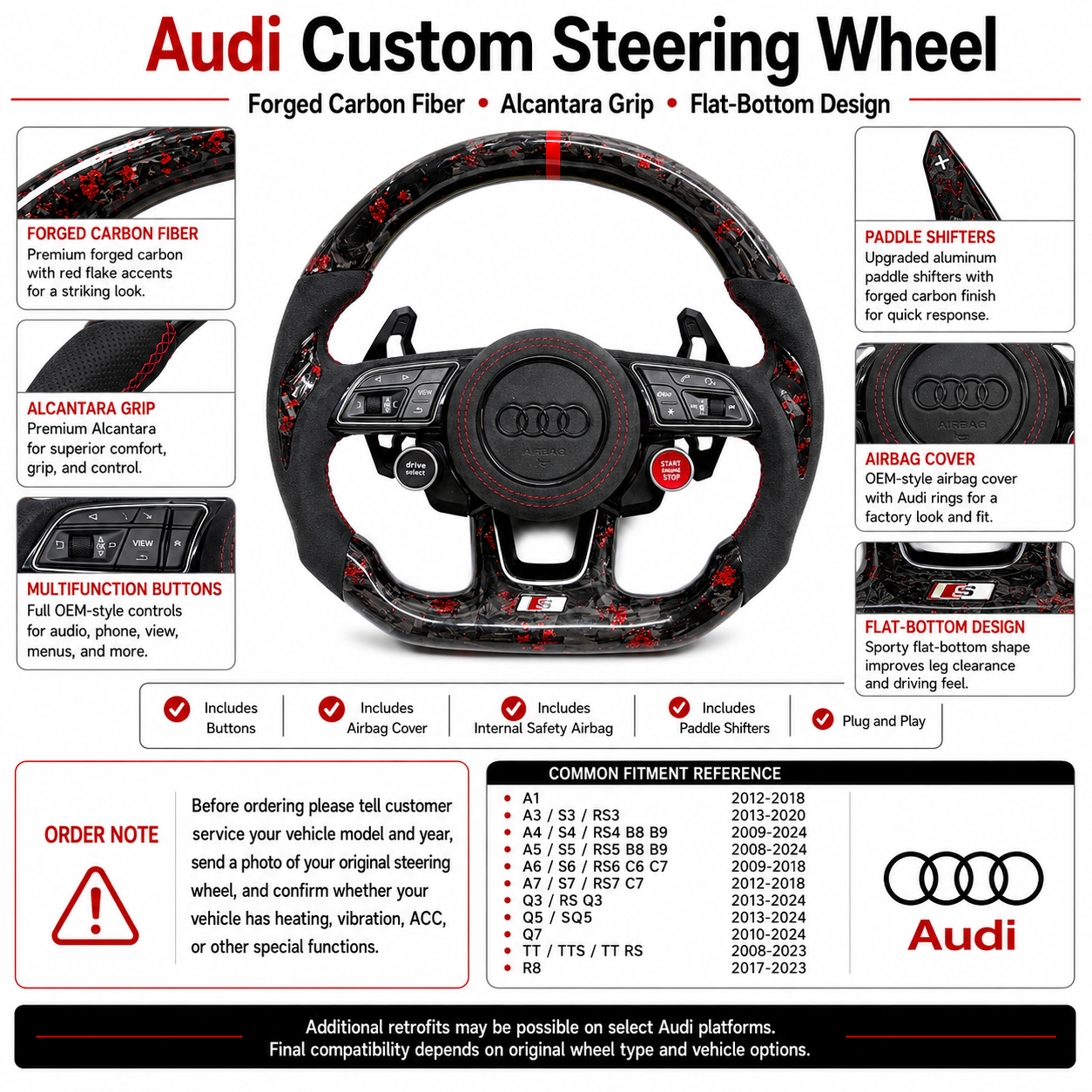 Carbon Fiber Audi Steering Wheel for A1 A3 A4 A5 A6 A7 C6 C7 S3 S4 S5 S7 Q3 Q5 Q7 SQ5 RS RS3 RS5 RS6 B8 B9 8P 8V R8 TT -CJ Mod Garage 24