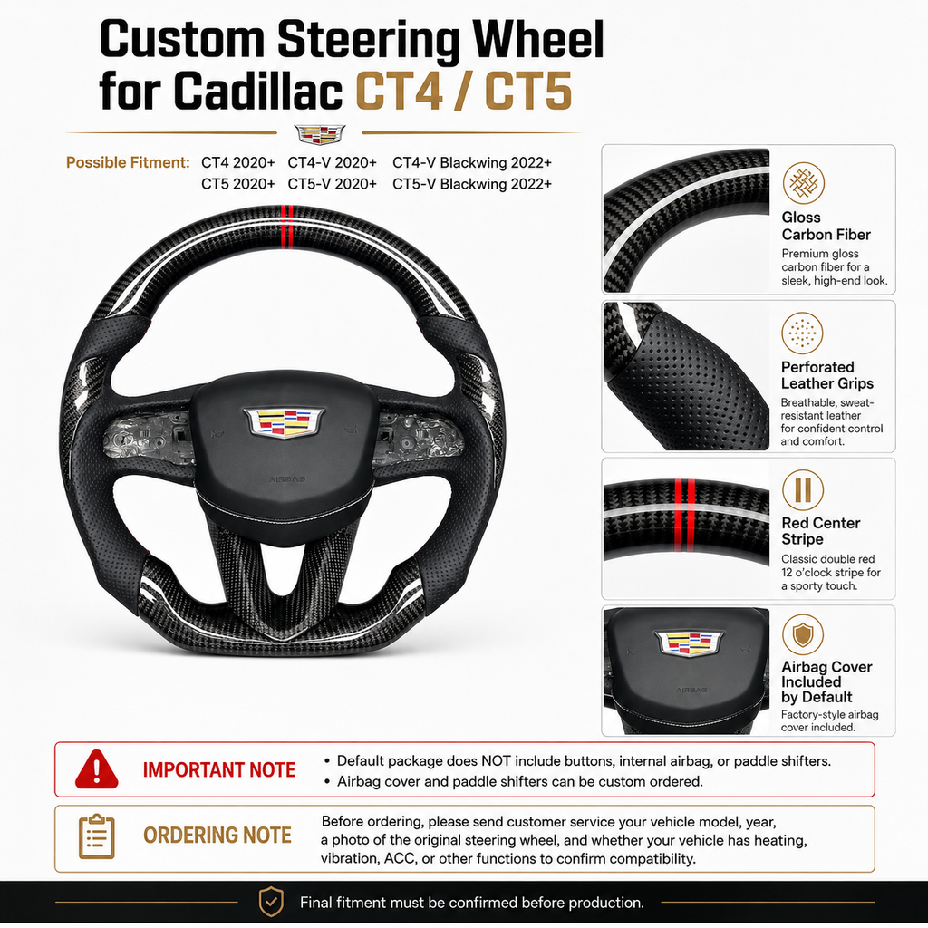 Cadillac CT4 CT5 custom carbon fiber steering wheel detail sheet with leather grips and fitment notes by CJ Mod Garage