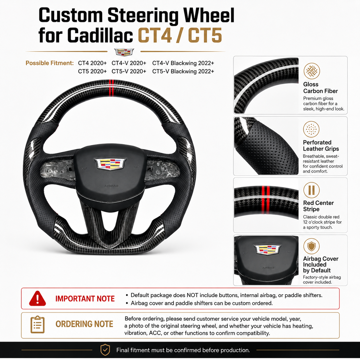 Cadillac CT4 CT5 custom carbon fiber steering wheel detail sheet with leather grips and fitment notes by CJ Mod Garage