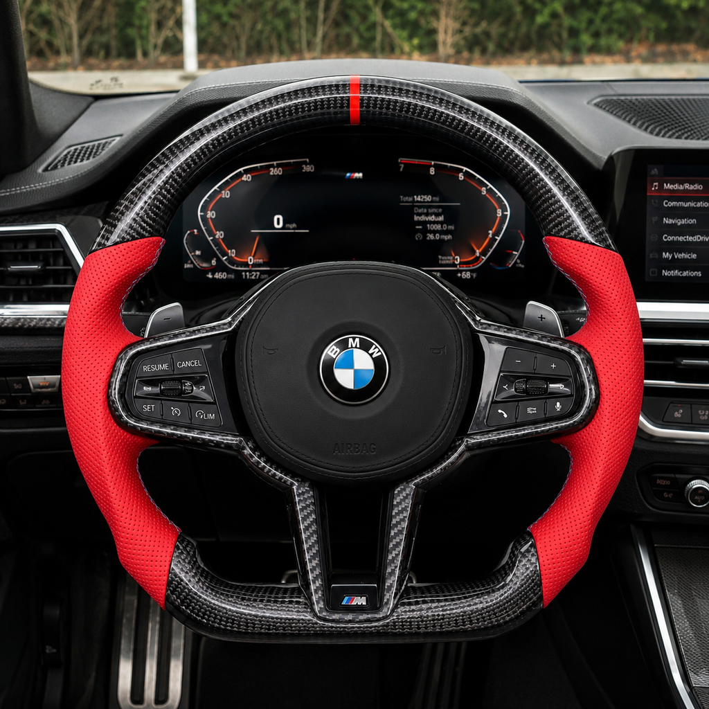 BMW 5 Series G30 G38 2017-2024 carbon fiber steering wheel cockpit view with sporty contour by CJ Mod Garage