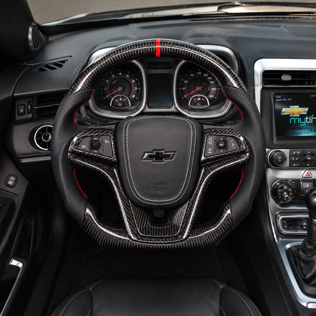 Custom Chevrolet Camaro carbon fiber steering wheel installed in car interior with black perforated leather grips red stitching red center stripe and Chevrolet airbag cover