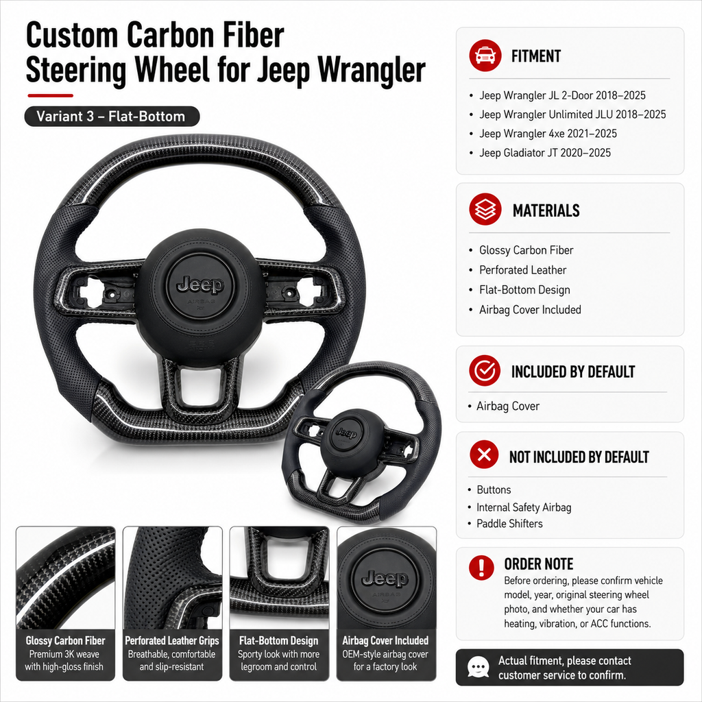 Front interior view of custom Jeep Wrangler carbon fiber steering wheel with LED shift lights, black perforated leather grips, red stitching, flat bottom design and Jeep airbag cover