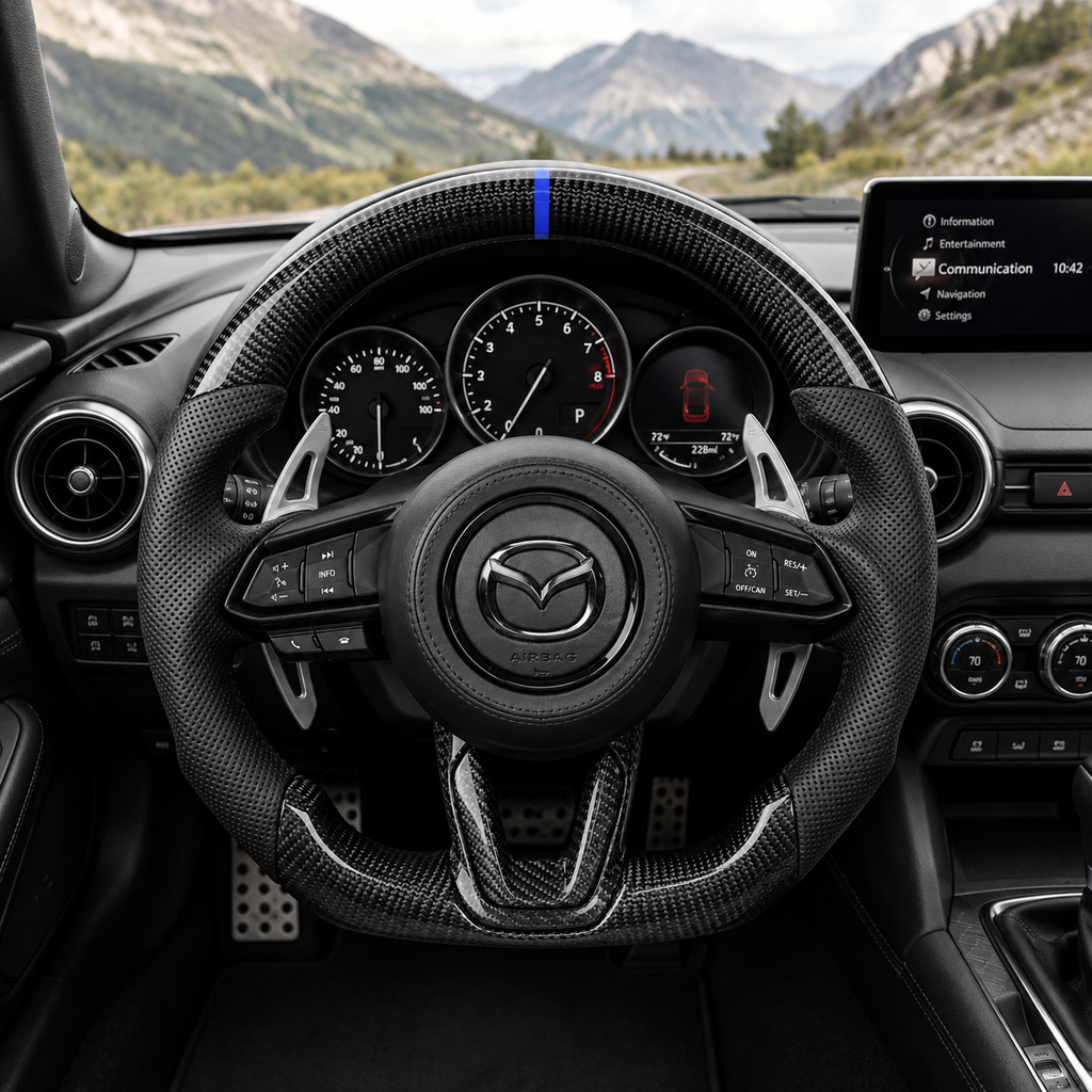 Custom Mazda carbon fiber steering wheel in car interior with blue center stripe black perforated leather grips and sport flat bottom design