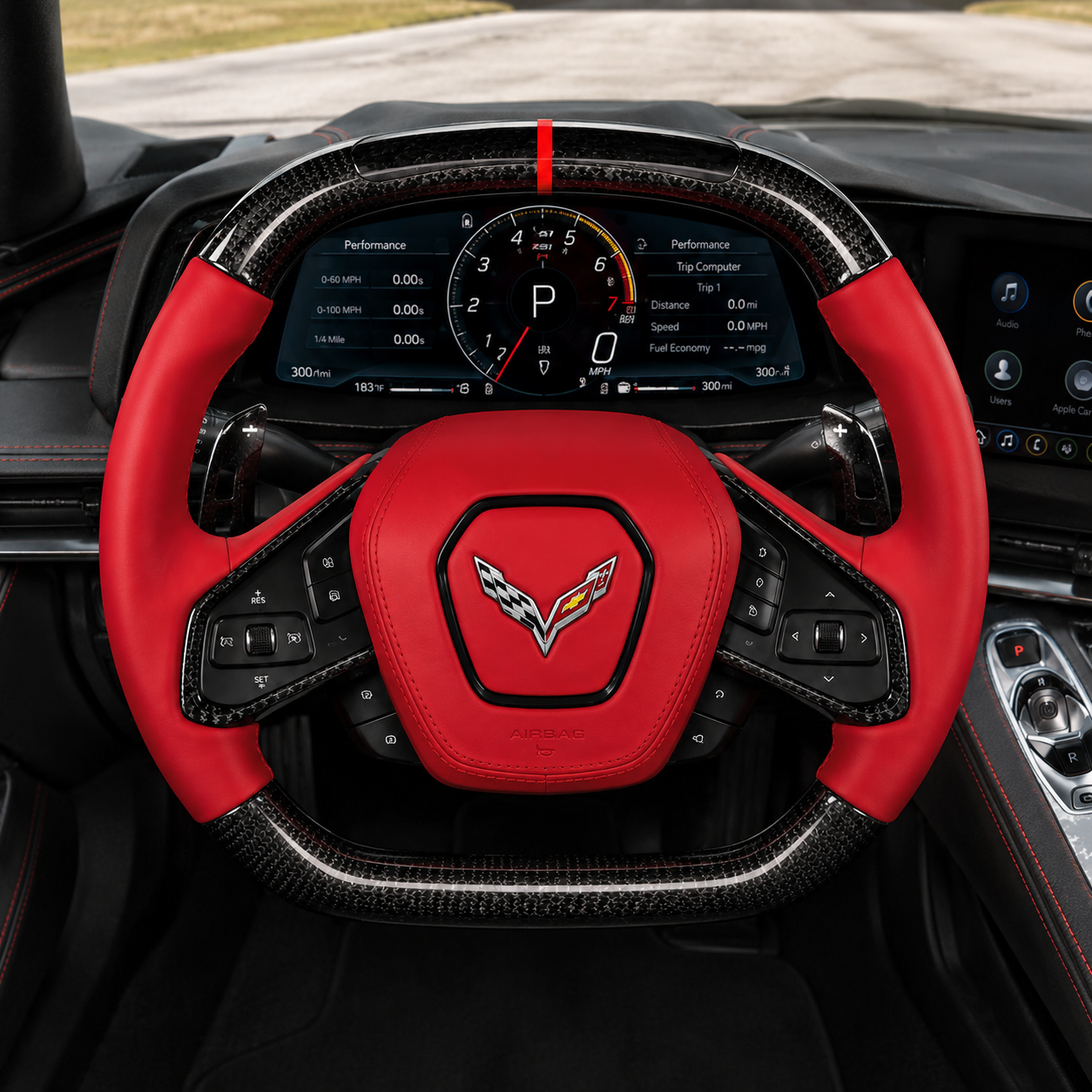 Chevrolet Corvette C8 interior front view with custom red leather carbon fiber steering wheel and performance dashboard