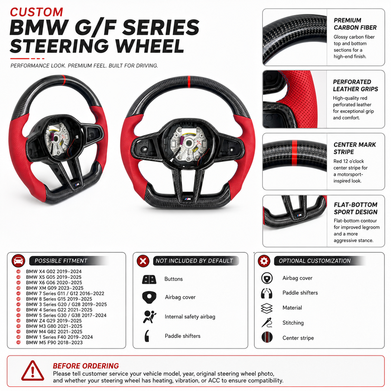BMW G/F Series 2016-2025 carbon fiber steering wheel infographic with fitment and material notes by CJ Mod Garage