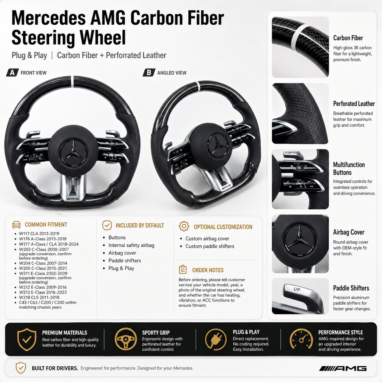 Mercedes AMG C43 C63 C200 C300 2015-2021 carbon fiber steering wheel product detail sheet by CJ Mod Garage
