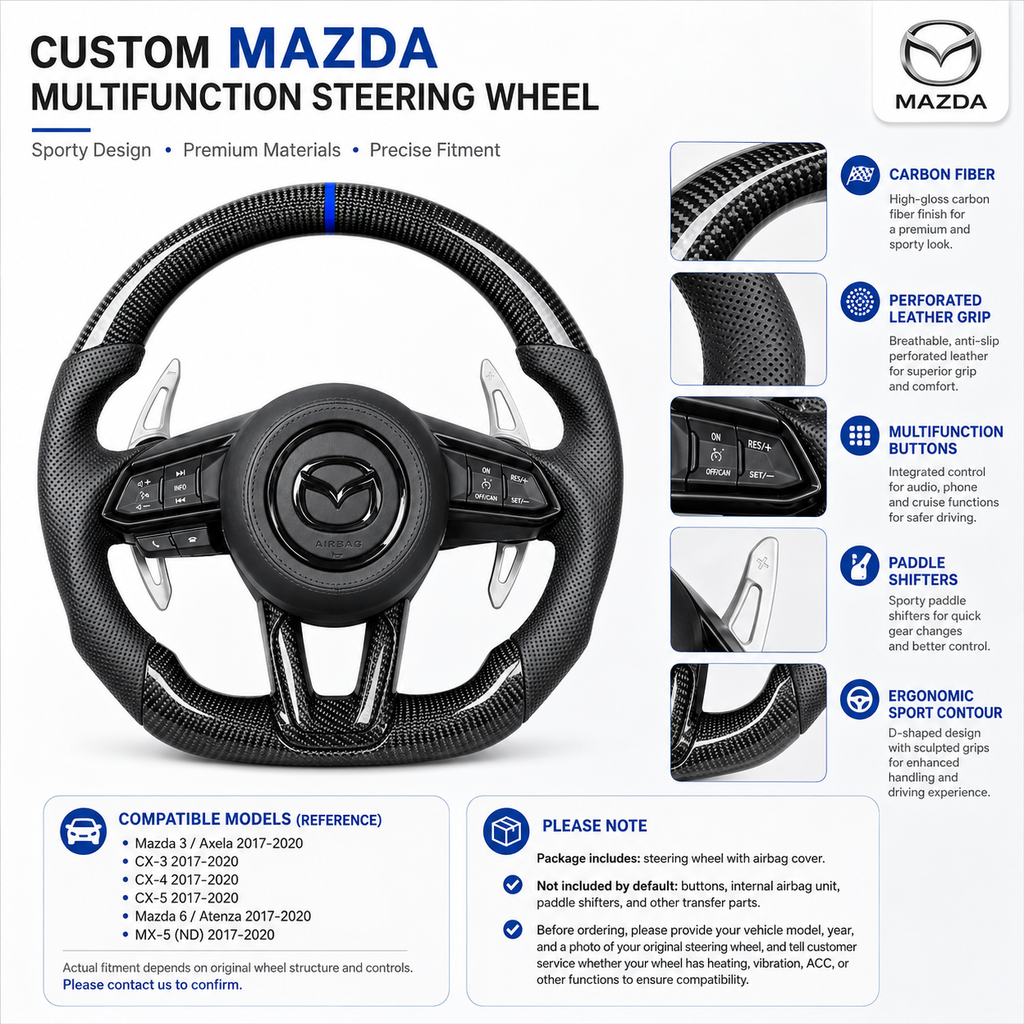Custom Mazda multifunction steering wheel detail poster showing carbon fiber perforated leather grip multifunction buttons paddle shifters and sport contour design