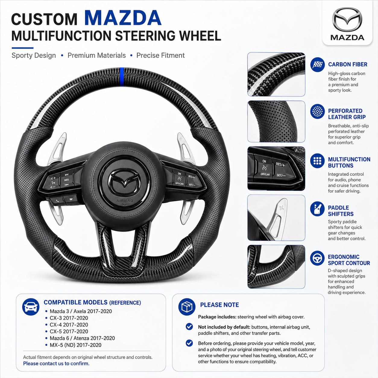 Custom Mazda multifunction steering wheel detail poster showing carbon fiber perforated leather grip multifunction buttons paddle shifters and sport contour design