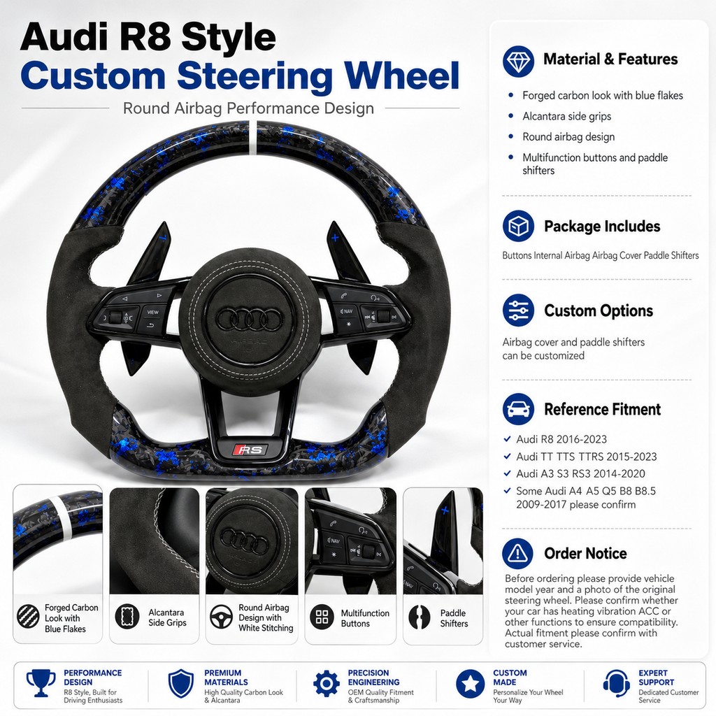 Audi R8 style steering wheel product information image showing blue forged carbon Alcantara side grips round airbag design multifunction buttons and paddle shifters for Audi A1 A3 A4 A5 A6 A7 C6 C7 S3 S4 S5 S7 Q3 Q5 Q7 SQ5 RS RS3 RS5 RS6 B8 B9 8P 8V R8 TT