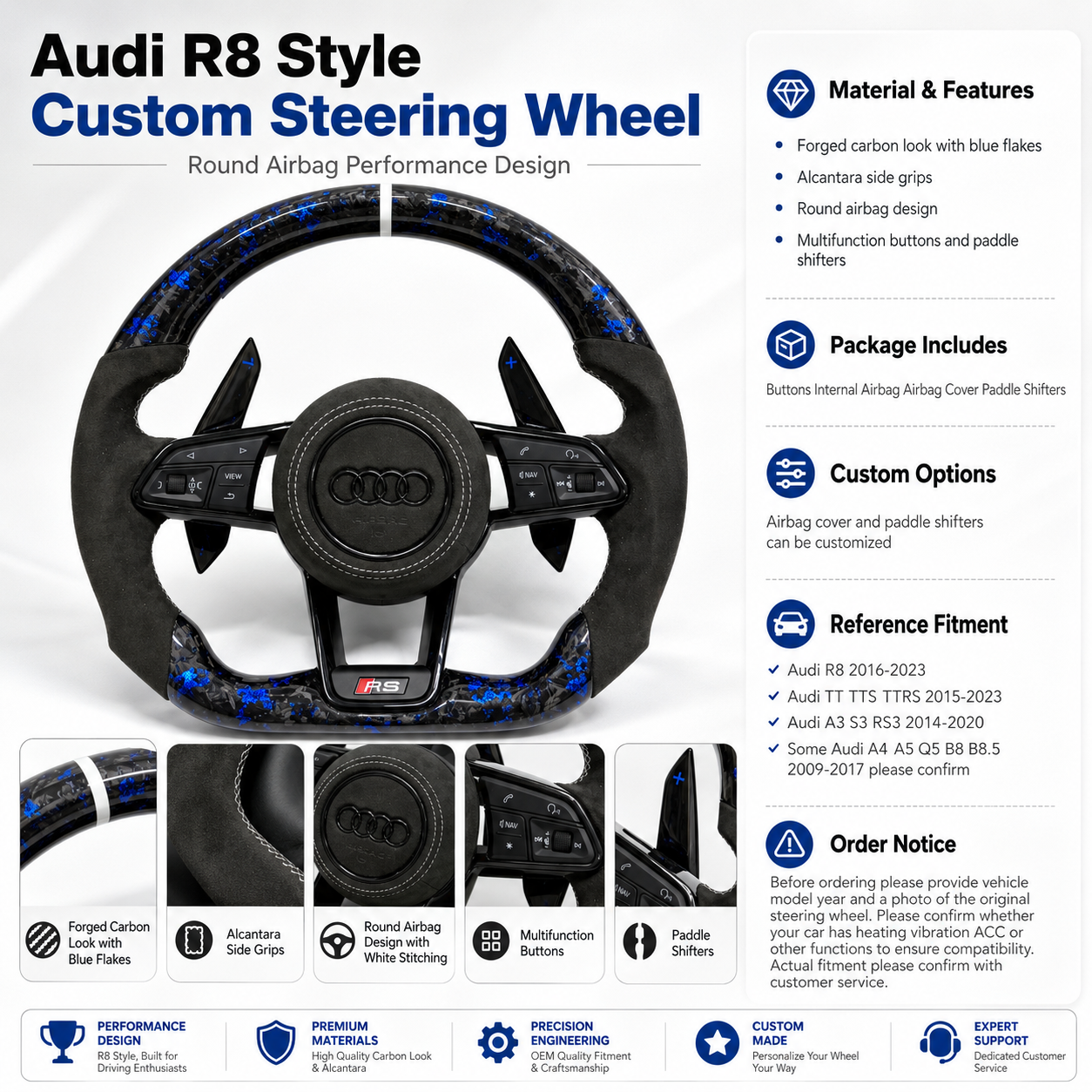 Audi R8 style steering wheel product information image showing blue forged carbon Alcantara side grips round airbag design multifunction buttons and paddle shifters for Audi A1 A3 A4 A5 A6 A7 C6 C7 S3 S4 S5 S7 Q3 Q5 Q7 SQ5 RS RS3 RS5 RS6 B8 B9 8P 8V R8 TT