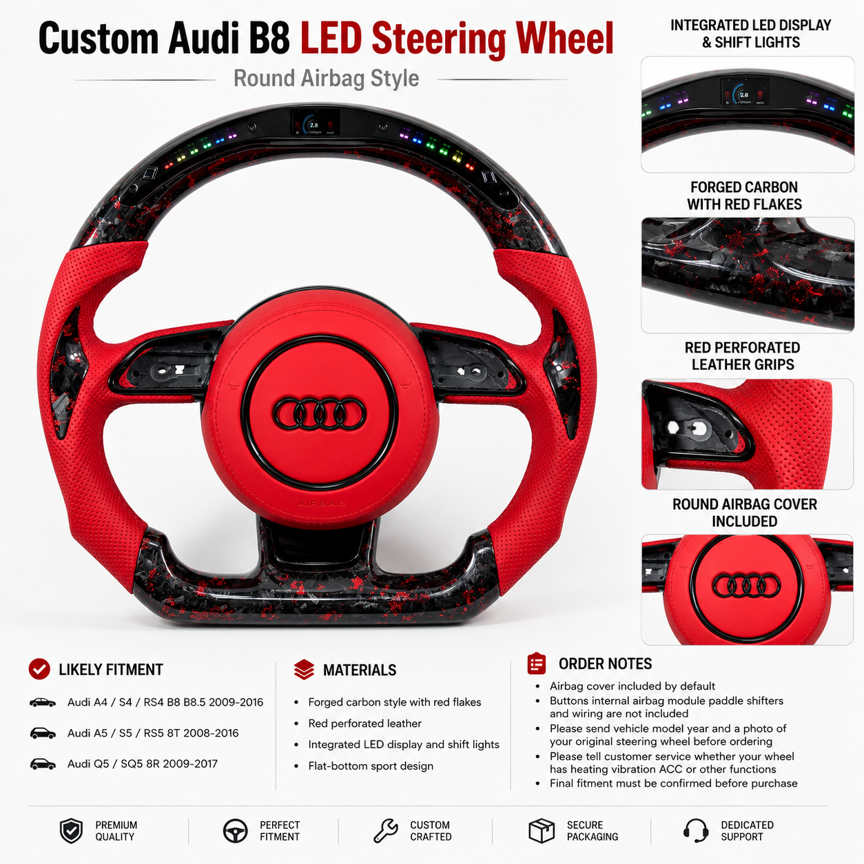Audi B8 forged carbon red flake LED steering wheel installed in Audi S4 B8.5 interior - driver perspective with LED bar lit
