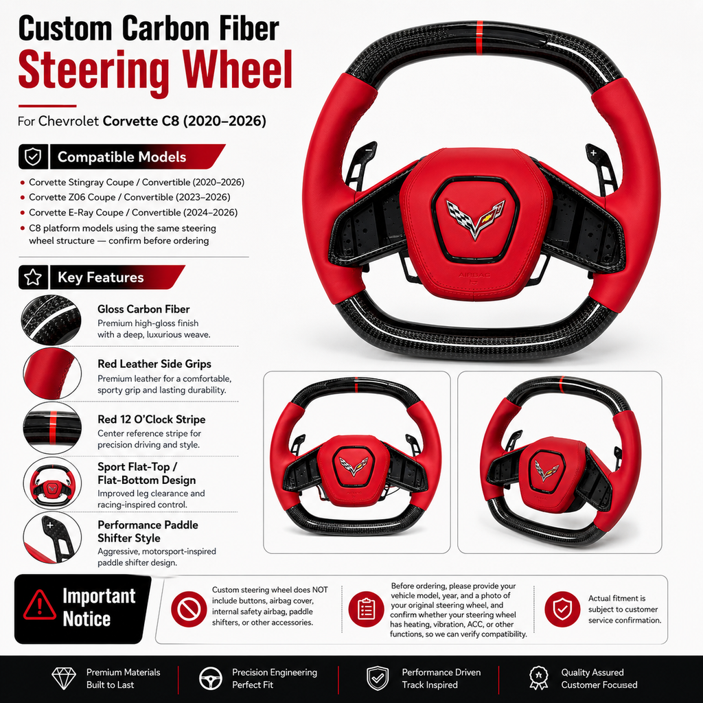 Chevrolet Corvette C8 custom steering wheel product detail image with red leather grips carbon fiber finish and fitment information