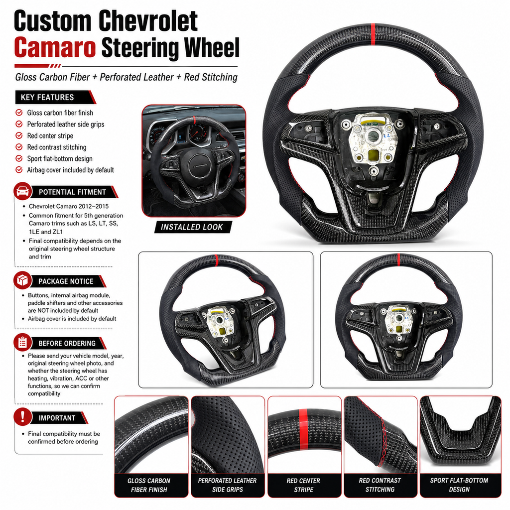 Product detail poster for custom Chevrolet Camaro carbon fiber steering wheel with gloss carbon fiber perforated leather red stitching red center stripe and fitment information